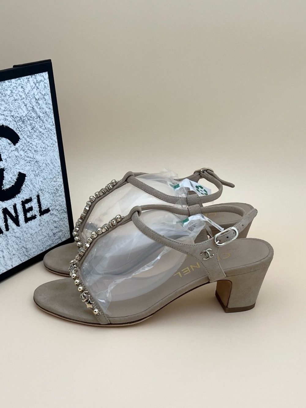 CHANEL Taupe Suede T-Strap Mid-Heel Sandals with Pearl & Bead Trim